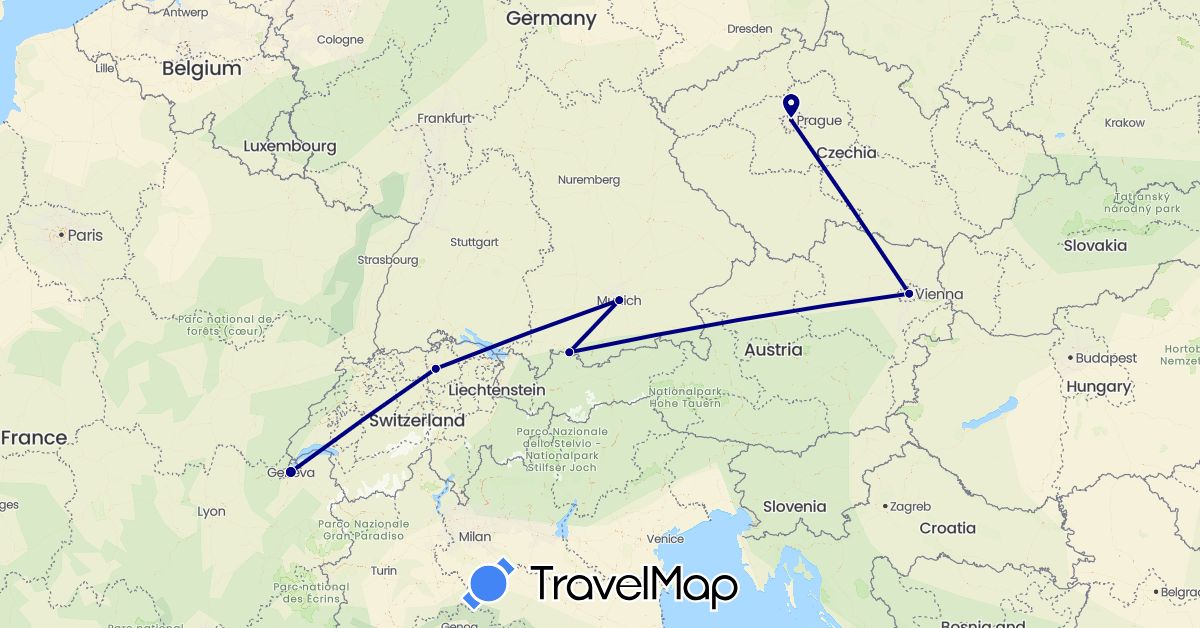 TravelMap itinerary: driving in Austria, Switzerland, Czech Republic, Germany (Europe)